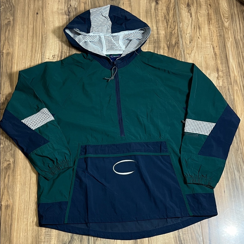 Vintage 90s Catalina Navy Blue and Green Hooded Half-Zip Windbreaker Jacket L